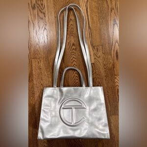Womens Teflar Metallic Silver Vegan Leather Medium Shopping Handbag